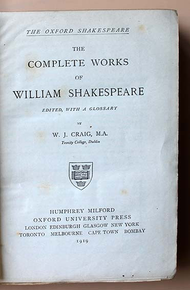 1919 The Complete Works Of Shakespeare By W.J. Craig - Prize _Constantinople